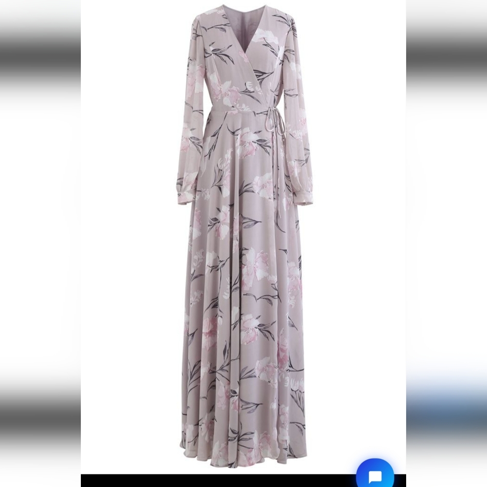 LAVENDER FLORAL PRINT WRAP CHIFFON MAXI DRESS